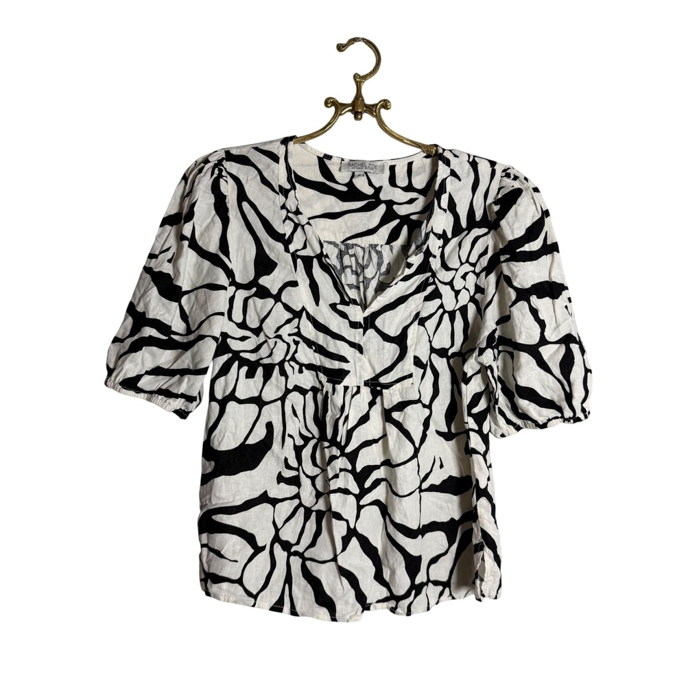 Rachel Zoe Womens Black White Abstract Floral Linen Blendā Puff Sleeve Blouse M